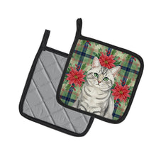 Load image into Gallery viewer, Silver Mackerel Tabby Cat with Poinsettias Pair of Pot Holders