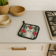 Load image into Gallery viewer, Silver Mackerel Tabby Cat with Poinsettias Pair of Pot Holders
