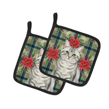 Load image into Gallery viewer, Silver Mackerel Tabby Cat with Poinsettias Pair of Pot Holders