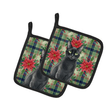 Load image into Gallery viewer, Solid Black Cat with Poinsettias Pair of Pot Holders
