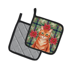 Load image into Gallery viewer, Solid Red Ginger Cat with Poinsettias Pair of Pot Holders