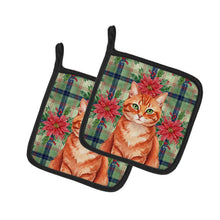 Load image into Gallery viewer, Solid Red Ginger Cat with Poinsettias Pair of Pot Holders