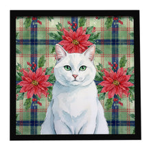 Load image into Gallery viewer, Solid White Cat with Poinsettias Framed Metal Print