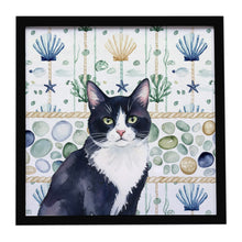 Load image into Gallery viewer, Black and White Tuxedo Cat Coastal Sea Glass Framed Metal Print