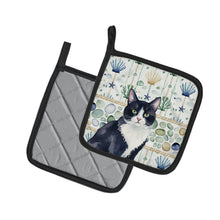 Load image into Gallery viewer, Black and White Tuxedo Cat Coastal Sea Glass Pair of Pot Holders