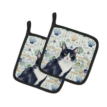 Load image into Gallery viewer, Black and White Tuxedo Cat Coastal Sea Glass Pair of Pot Holders