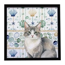 Load image into Gallery viewer, Gray and White Cat Coastal Sea Glass Framed Metal Print