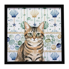 Load image into Gallery viewer, Mackerel Tabby Brown Cat Coastal Sea Glass Framed Metal Print