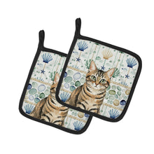 Load image into Gallery viewer, Mackerel Tabby Brown Cat Coastal Sea Glass Pair of Pot Holders