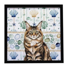 Load image into Gallery viewer, MaineCoon Brown Tabby Cat Coastal Sea Glass Framed Metal Print