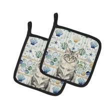 Load image into Gallery viewer, MaineCoon Silver Tabby Cat Coastal Sea Glass Pair of Pot Holders