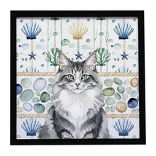 Load image into Gallery viewer, Norwegian Forest Cat Gray and White Cat Coastal Sea Glass Framed Metal Print