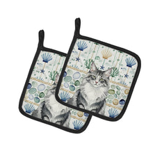 Load image into Gallery viewer, Norwegian Forest Cat Gray and White Cat Coastal Sea Glass Pair of Pot Holders
