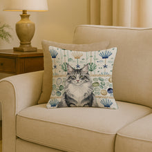 Load image into Gallery viewer, Norwegian Forest Cat Gray and White Cat Coastal Sea Glass Throw Pillow