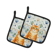 Load image into Gallery viewer, Orange Classic Tabby Cat Coastal Sea Glass Pair of Pot Holders