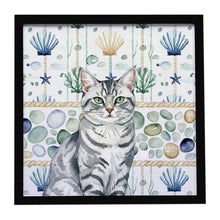 Load image into Gallery viewer, Silver Classic Tabby Cat Coastal Sea Glass Framed Metal Print