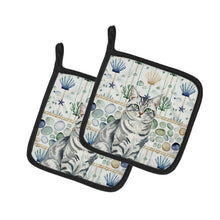 Load image into Gallery viewer, Silver Classic Tabby Cat Coastal Sea Glass Pair of Pot Holders