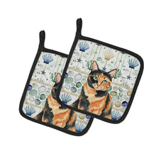 Load image into Gallery viewer, Tortoiseshell Cat Coastal Sea Glass Pair of Pot Holders