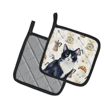 Load image into Gallery viewer, Black and White Tuxedo Cat Coffee Time Pair of Pot Holders