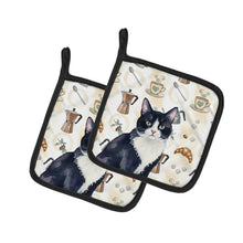 Load image into Gallery viewer, Black and White Tuxedo Cat Coffee Time Pair of Pot Holders