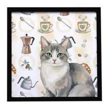 Load image into Gallery viewer, Gray and White Cat Coffee Time Framed Metal Print