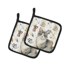 Load image into Gallery viewer, Gray and White Cat Coffee Time Pair of Pot Holders