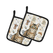 Load image into Gallery viewer, Mackerel Tabby Brown Cat Coffee Time Pair of Pot Holders