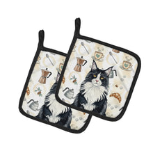 Load image into Gallery viewer, MaineCoon Black and White Cat Coffee Time Pair of Pot Holders