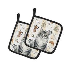 Load image into Gallery viewer, Norwegian Forest Cat Gray and White Cat Coffee Time Pair of Pot Holders