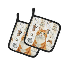 Load image into Gallery viewer, Orange and White Cat Coffee Time Pair of Pot Holders