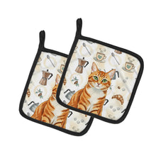 Load image into Gallery viewer, Orange Mackerel Tabby Cat Coffee Time Pair of Pot Holders