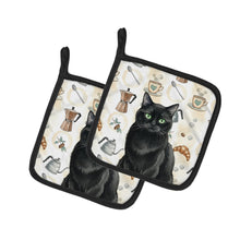 Load image into Gallery viewer, Persian Black Cat Coffee Time Pair of Pot Holders