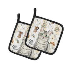 Load image into Gallery viewer, Silver Mackerel Tabby Cat Coffee Time Pair of Pot Holders