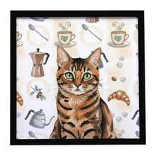 Load image into Gallery viewer, Spotted Tabby Brown Cat Coffee Time Framed Metal Print