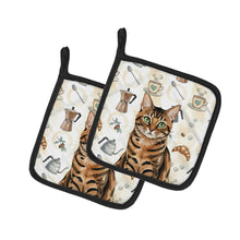 Load image into Gallery viewer, Spotted Tabby Brown Cat Coffee Time Pair of Pot Holders