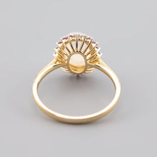 Load image into Gallery viewer, Rare Faceted Mexican Fire Opal Amethyst Engagement Halo Ring 18K Yellow Gold