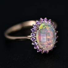 Load image into Gallery viewer, Rare Faceted Mexican Fire Opal Amethyst Engagement Halo Ring 18K Yellow Gold