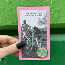 Load image into Gallery viewer, Feminist AF Pink and Green Stripes Enamel Pin on Gift Card