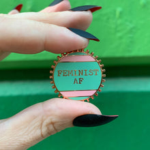 Load image into Gallery viewer, Feminist AF Pink and Green Stripes Enamel Pin on Gift Card
