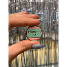 Load image into Gallery viewer, Feminist AF Pink and Green Stripes Enamel Pin on Gift Card