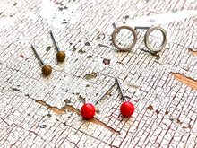 Load image into Gallery viewer, Red Silver Circles &amp; Olive Tiny Geo Stud Earrings Set