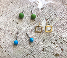 Load image into Gallery viewer, Turquoise Frosted Gold Squares &amp; Lime Green Tiny Geo Stud Earrings Set
