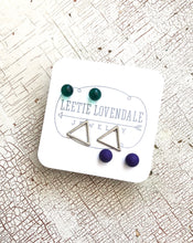 Load image into Gallery viewer, Tiny Emerald Blue &amp; Frosted Silver Triangle Geo Stud Earrings Set