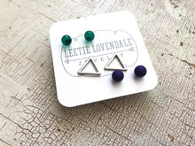 Load image into Gallery viewer, Tiny Emerald Blue &amp; Frosted Silver Triangle Geo Stud Earrings Set