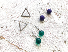 Load image into Gallery viewer, Tiny Emerald Blue &amp; Frosted Silver Triangle Geo Stud Earrings Set