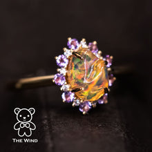 Load image into Gallery viewer, Mexican Fire Opal Amethyst Diamond Engagement Halo Ring 18K Yellow Gold