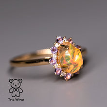 Load image into Gallery viewer, Mexican Fire Opal Amethyst Diamond Engagement Halo Ring 18K Yellow Gold