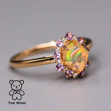 Load image into Gallery viewer, Mexican Fire Opal Amethyst Diamond Engagement Halo Ring 18K Yellow Gold