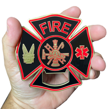 Load image into Gallery viewer, BL2-005A Large Fire Department Firefighter thin red line maltese cross EMT paramedic bottle opener coaster challenge coin