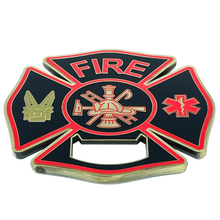 Load image into Gallery viewer, BL2-005A Large Fire Department Firefighter thin red line maltese cross EMT paramedic bottle opener coaster challenge coin